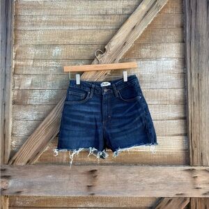 High-Rise Dark Indigo Frayed Hem Denim Shorts - Women's